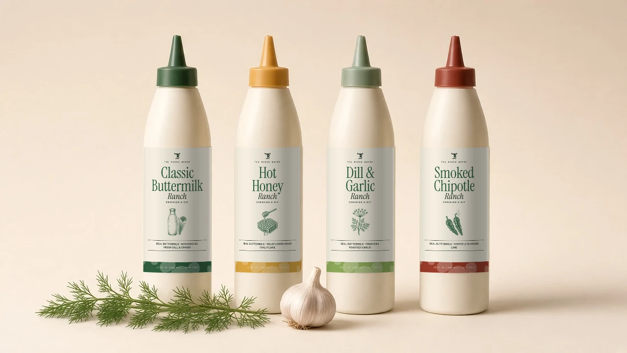 Four squeeze bottles of The Ranch Brand